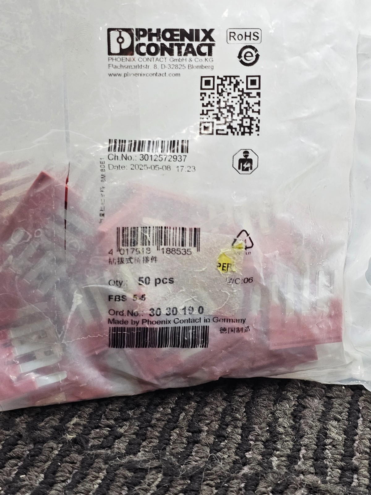 (QTY 50) PHOENIX FBS 5-5 3030190 Plug-in Bridge 5 Position 5.2MM Pitch Red