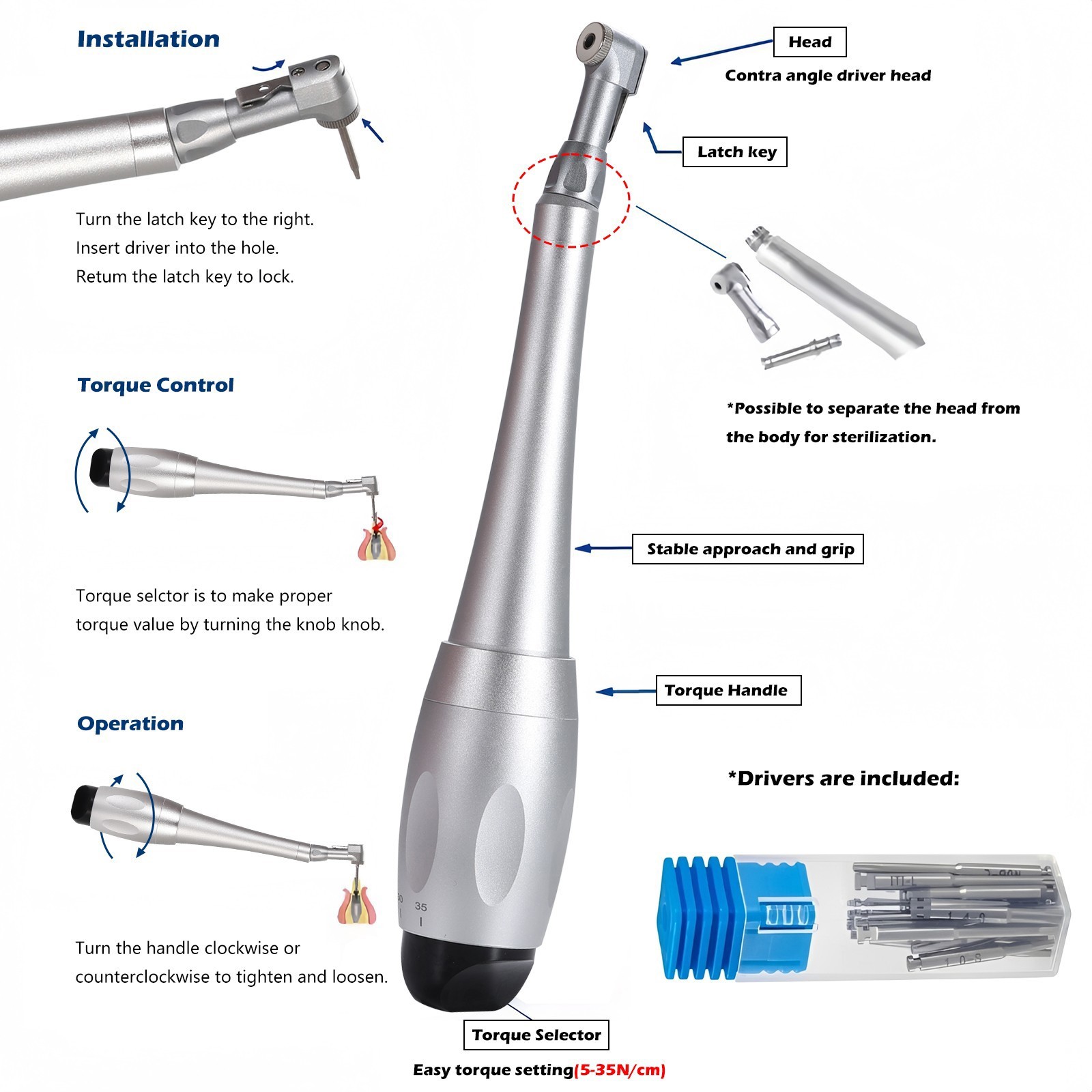 Dental Universal Implant Kit Torque Wrench Contra Angle Handpiece & 16 Drivers