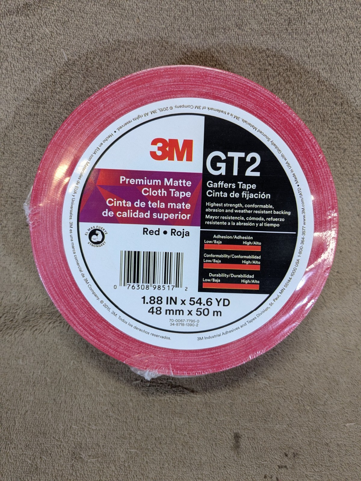 (1 ROLL) 3M Gaffers Tape RED 2″ x 54.6 YD GT2 Premium Matte Cloth – NEW