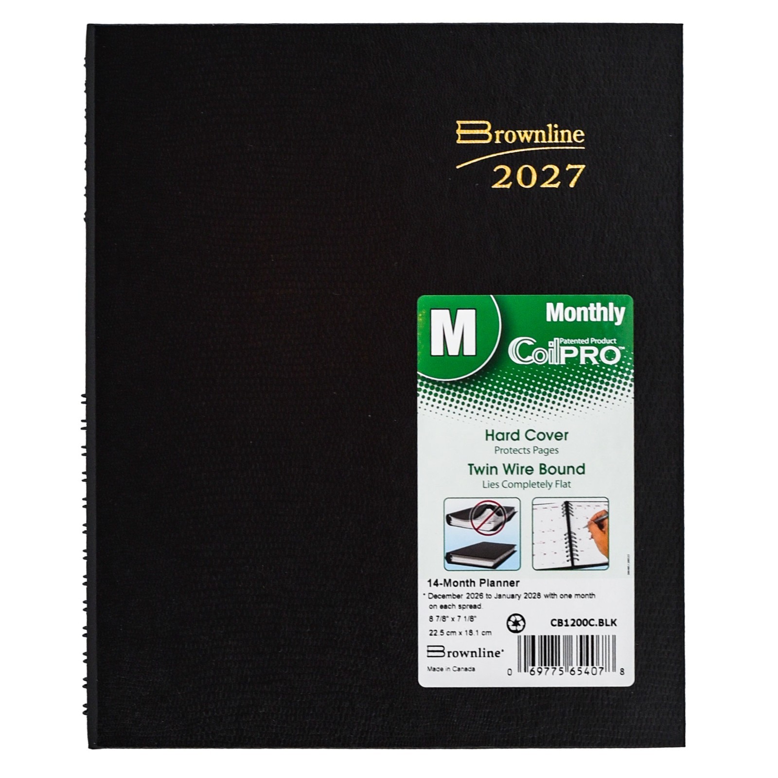 2025 Brownline CB1200C.BLK Monthly Planner, CoilPRO, Hard Cover, 8-7/8 x 7-1/8″