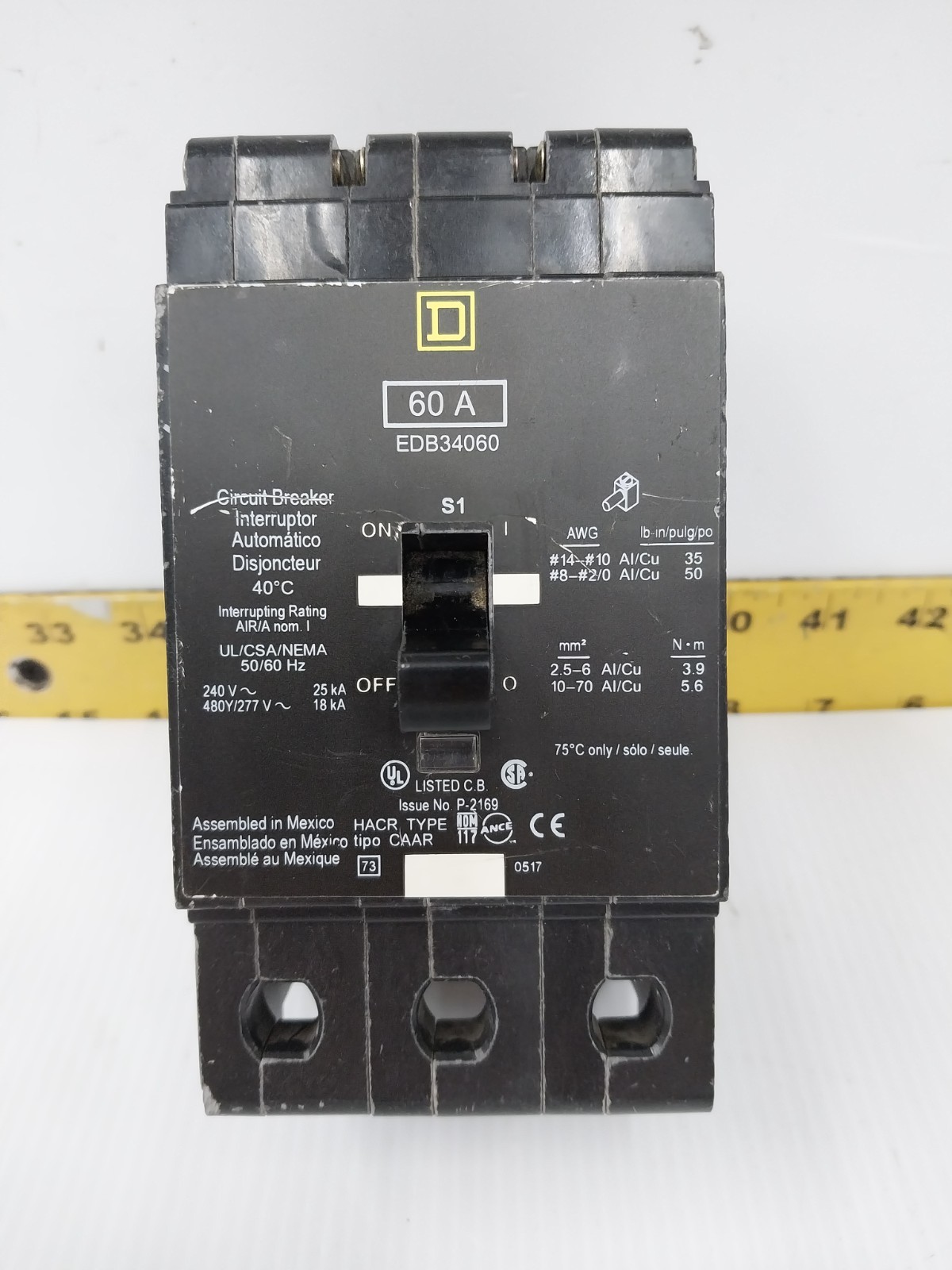 Square D 60 Amp Bolt-On Circuit Breaker 240 / 480Y/277 VAC 3 Pole EDB34060