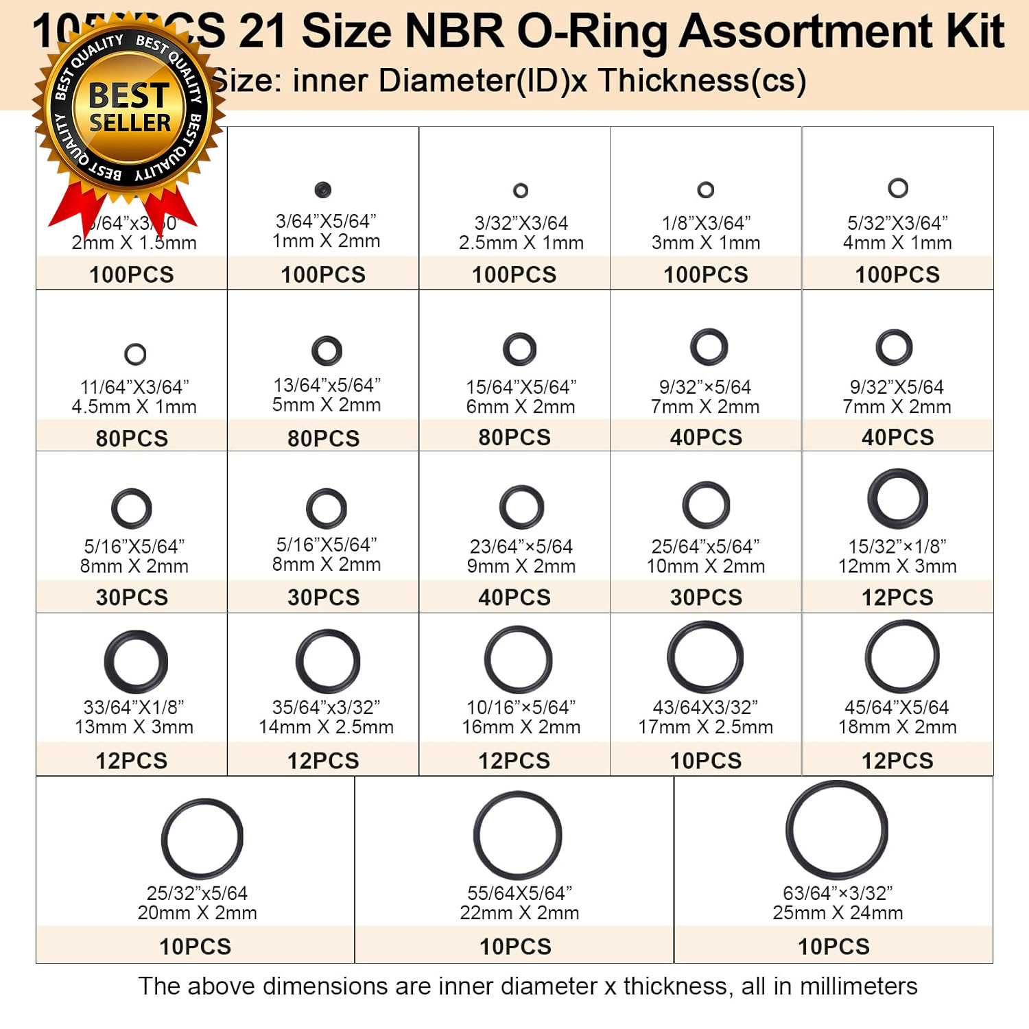 O Ring Kit 1050 PCS, O Ring Assortment Kit 21 Size, Metric Nitrile Rubber O Ring