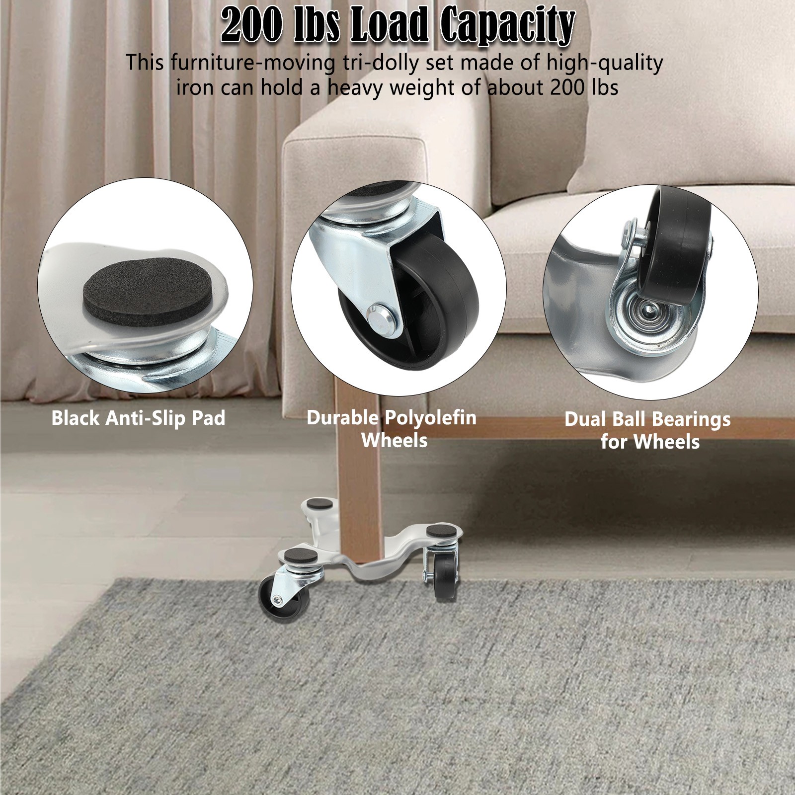Furniture Moving Dolly Set 3 Wheel Iron Tri Dolly Triangle Swivel Caster Wheel
