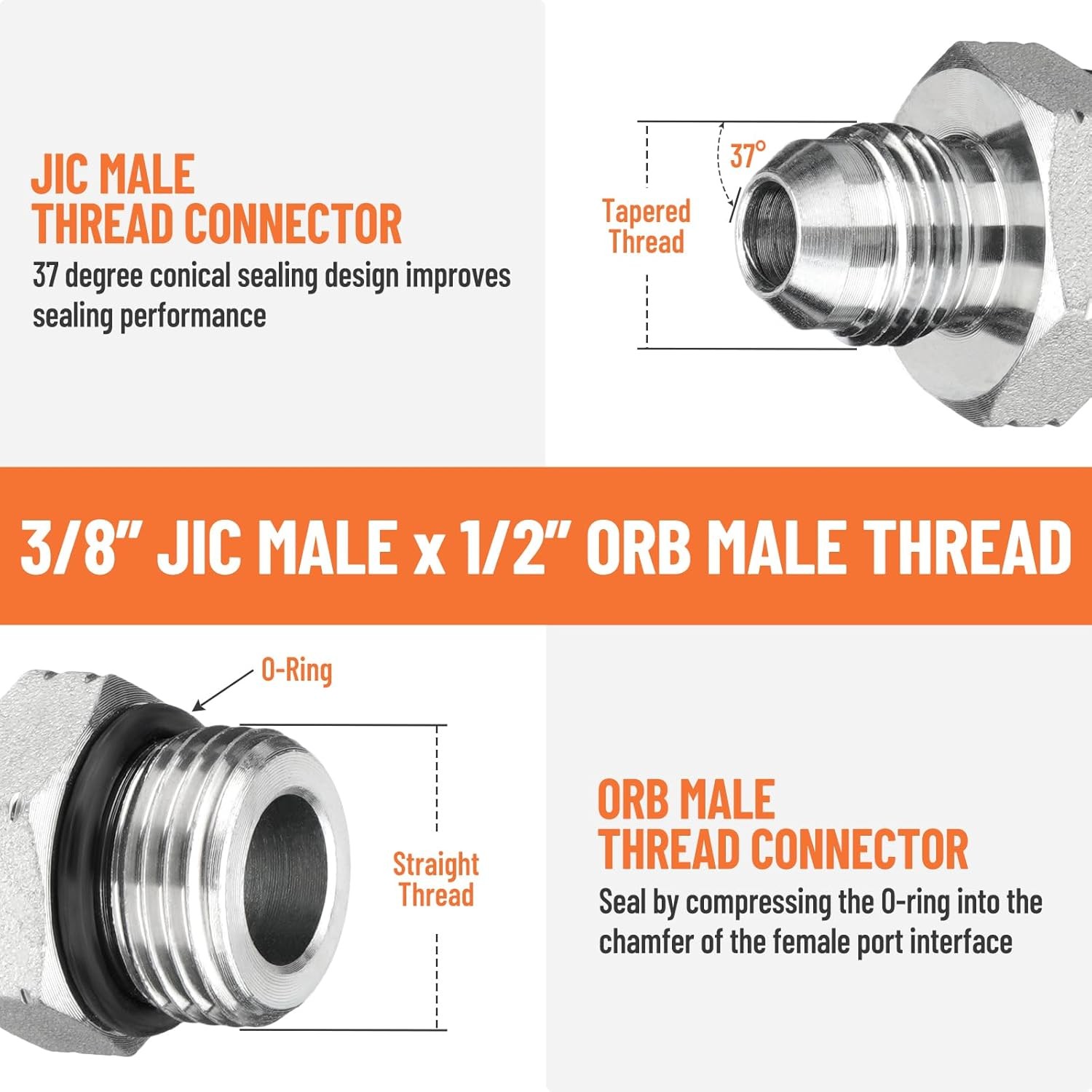10 Pack 3/8″ JIC 37° Male x #8 SAE/ORB Male Hydraulic Hose Adapter Fittings New