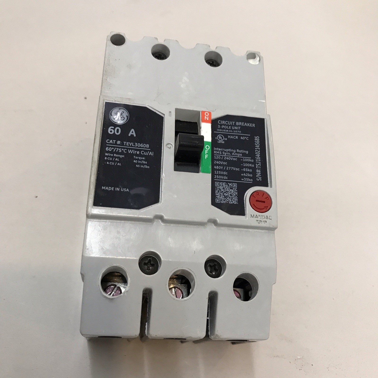 G.E. TEYL3060B CIRCUIT BREAKER 60A 3P 480V