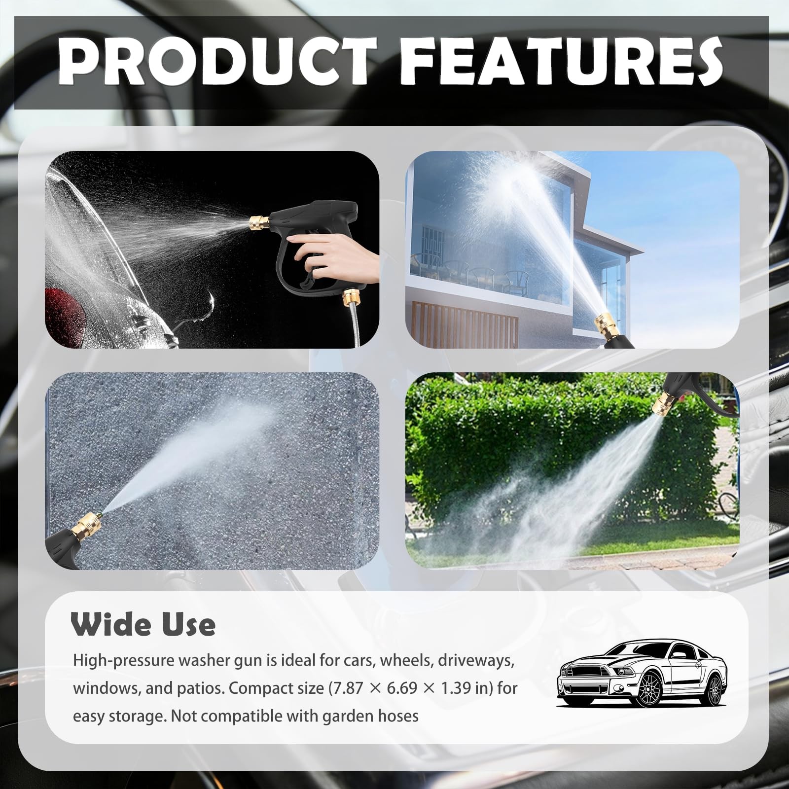 Car Short Pressure Washer Gun,4350 PSI Max 6.69×6.29×1.38 inch, Black