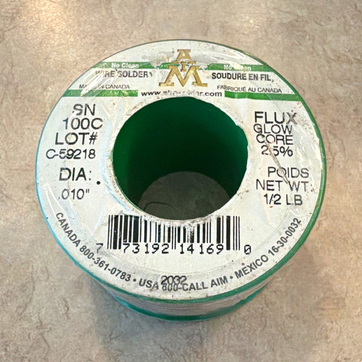 AIM SN100C No Clean Flux Core Solder Wire 0.010 in 1/2 lb Spool