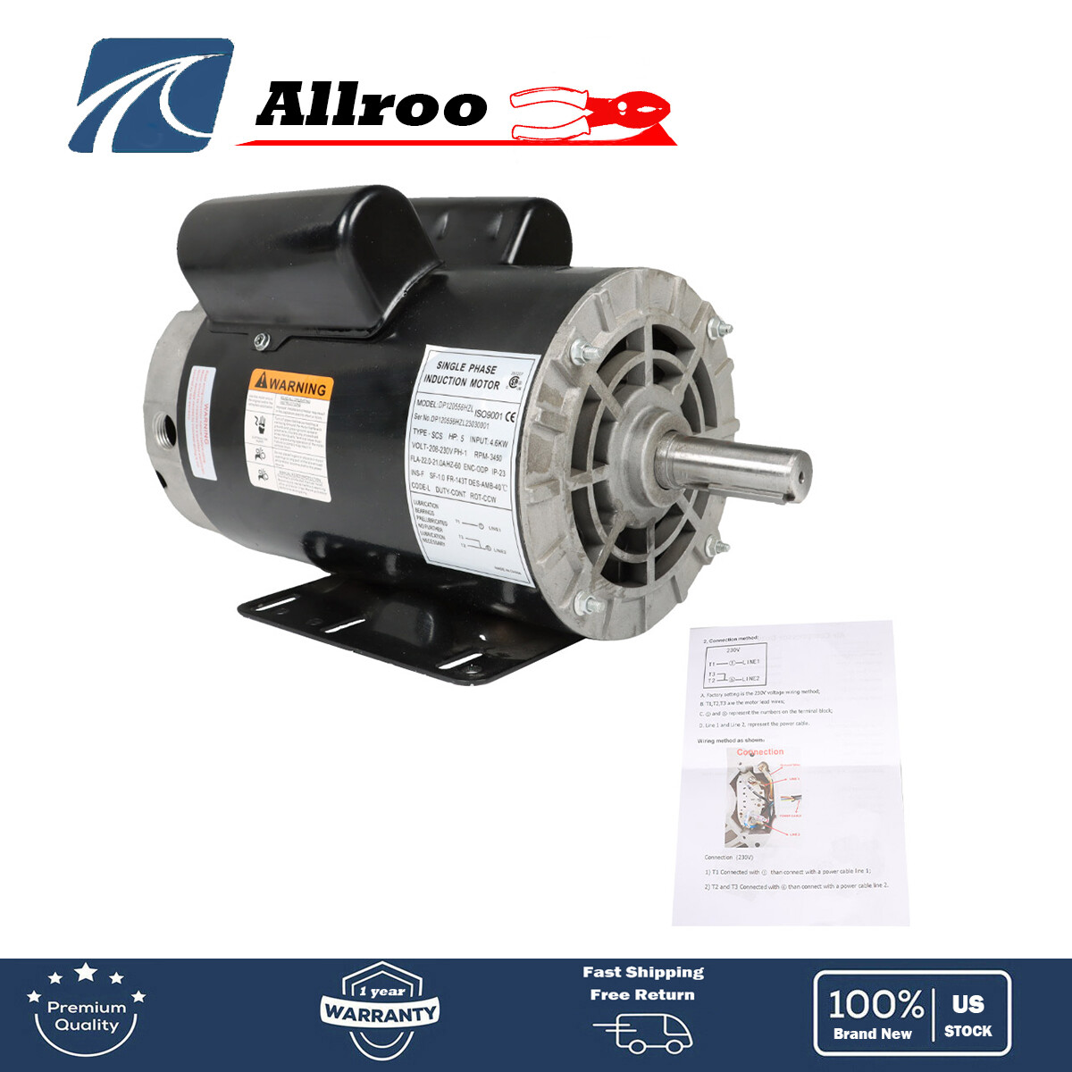 5HP Compressor Duty Electric Motor 1Phase 3450 RPM 56HZ Frame 7/8″Shaft 230V New