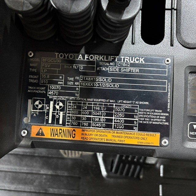 2020 Toyota 8FGCU30 6000lb Used LP Gas Forklift Triple Mast Sideshift 4638 Hours