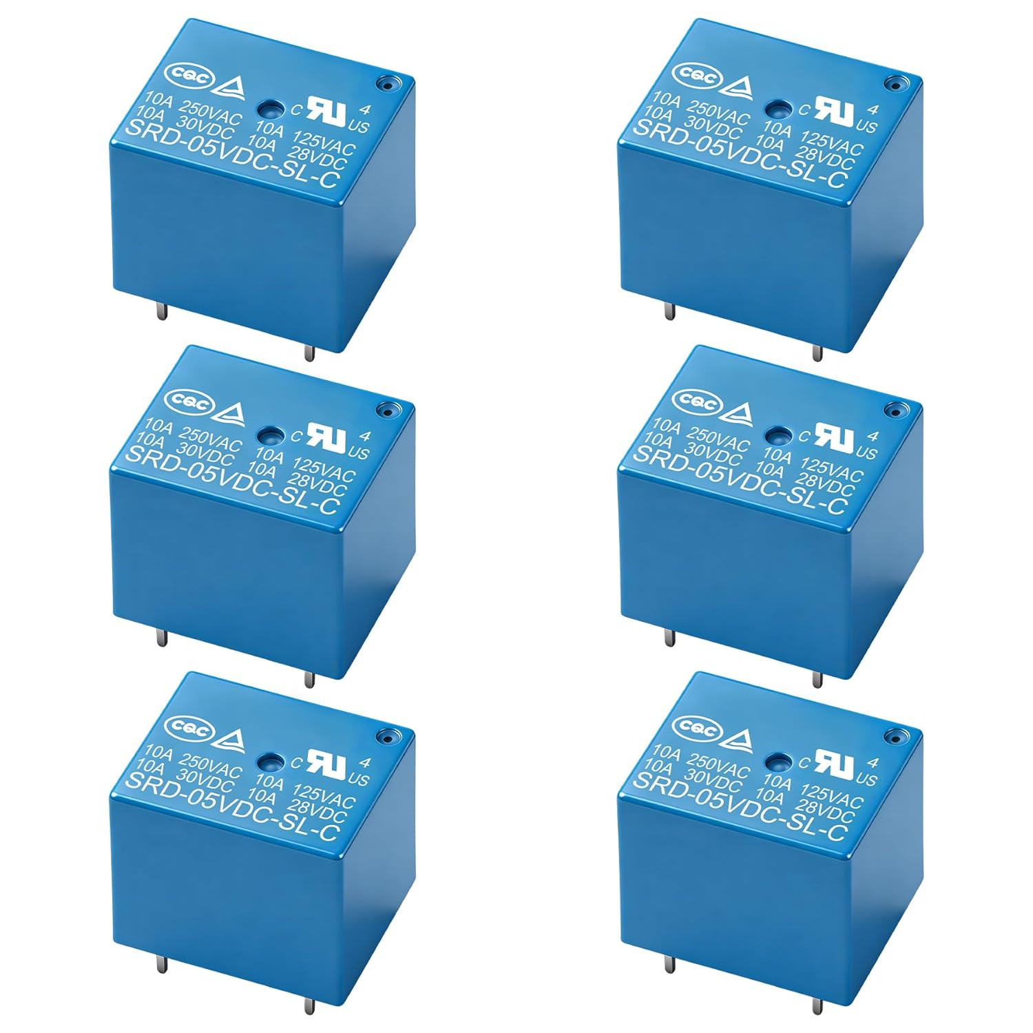 6Pcs PCB Power Relay SRD-05VDC-SL-C, DC 5V Coil, 10A 250VAC, SPDT, 5 Pin