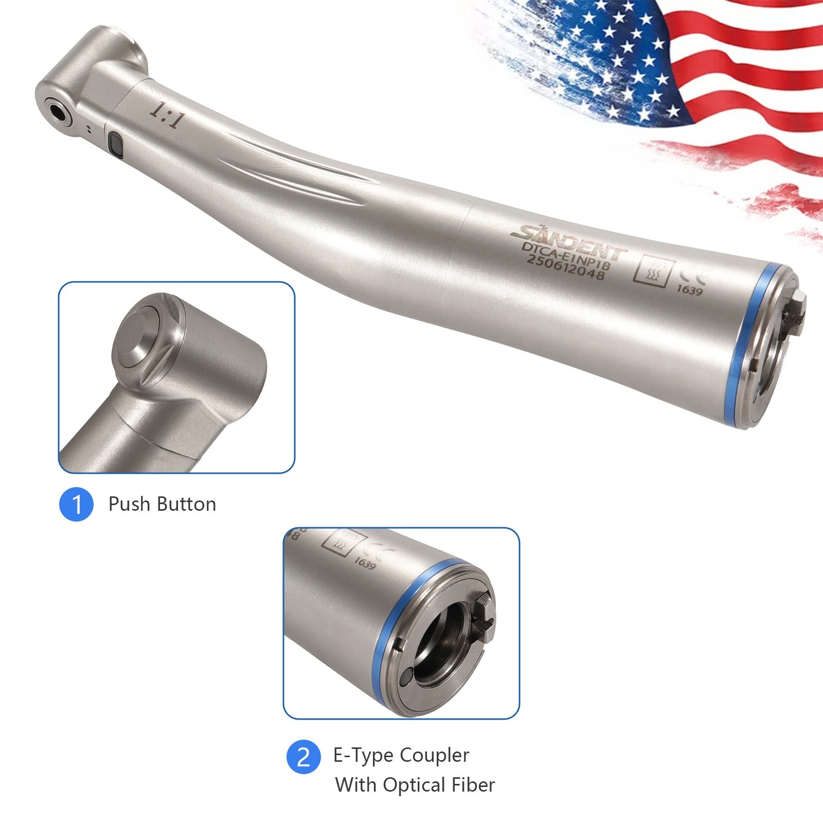 1-5 SANDENT LED Dental 1:1 Fiber Optic Contra Angle Low Speed Handpiece NEW