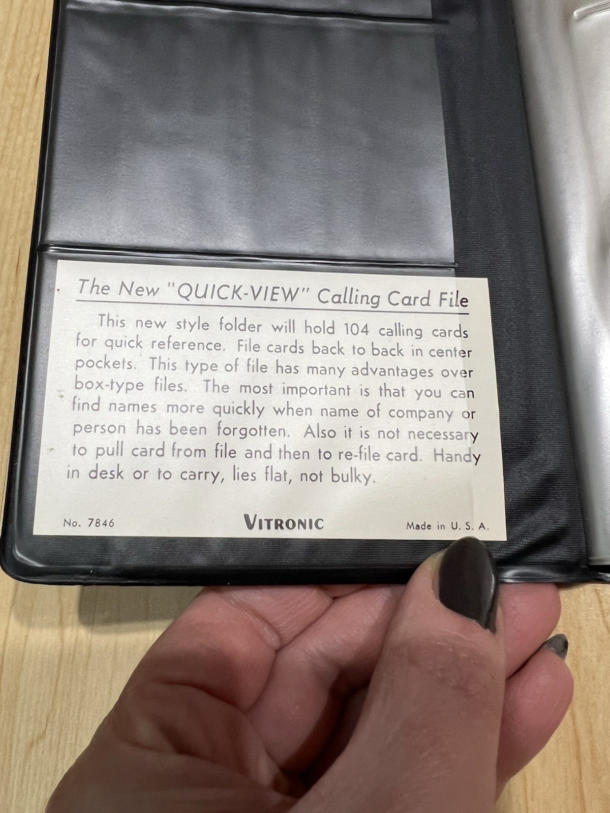 1960s vintage Vitronic Quick-View Calling Card File Black Holds 104 Cards