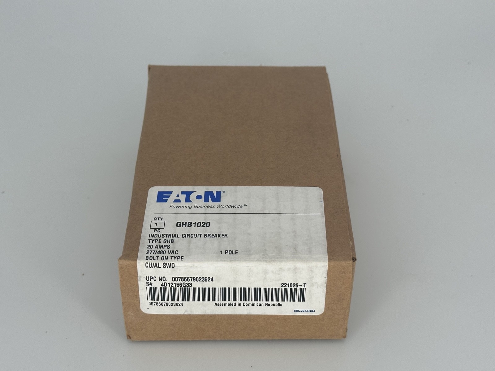 Eaton GHB1020 20A1 Pole Bolt-On Circuit Breaker 277/480V
