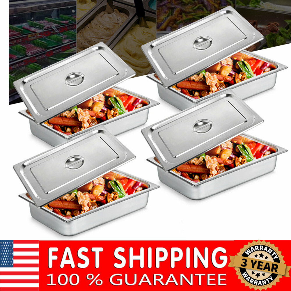 4-Pack Hotel Pans Commercial Steam Table Pan w/ Lid Stainless Steel Food Pan US