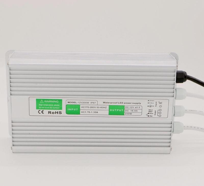 200W Led Driver Waterproof IP67 Power Supply DC 12V 16.7A for LED Strip Lights