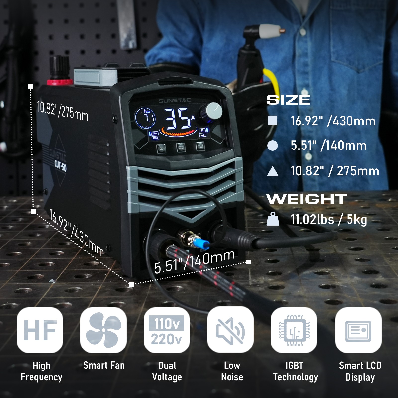 50A Plasma Cutter, Large LCD Display High Frequency Cutting Machine 110/220V