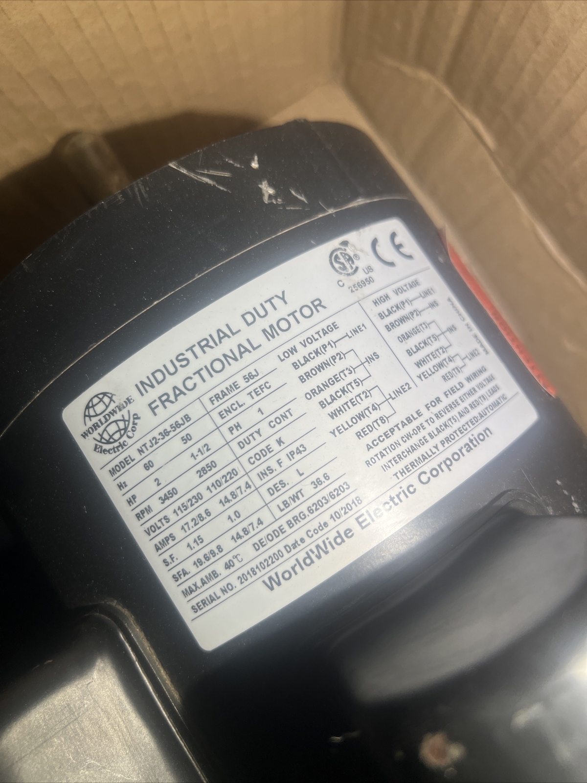 2 HP Electric Motor Single Phase 56H Frame 3450 RPM TEFC 115 / 230V C Face