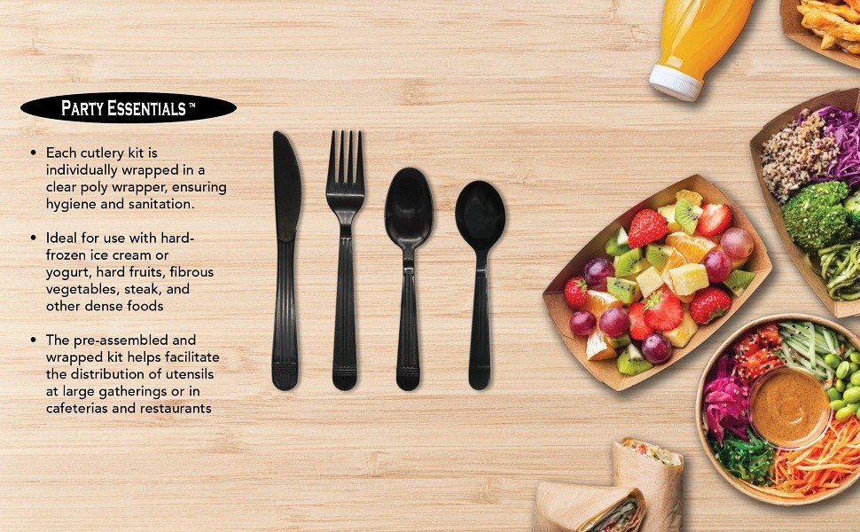 Individually Wrapped Black Plastic Utensil Sets/Heavy Duty Flatware Packs, Soup
