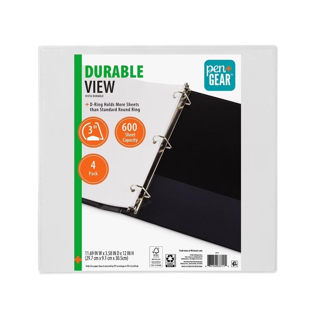 3-Ring Binder 3 Inch 4-Pack White Durable View Binders