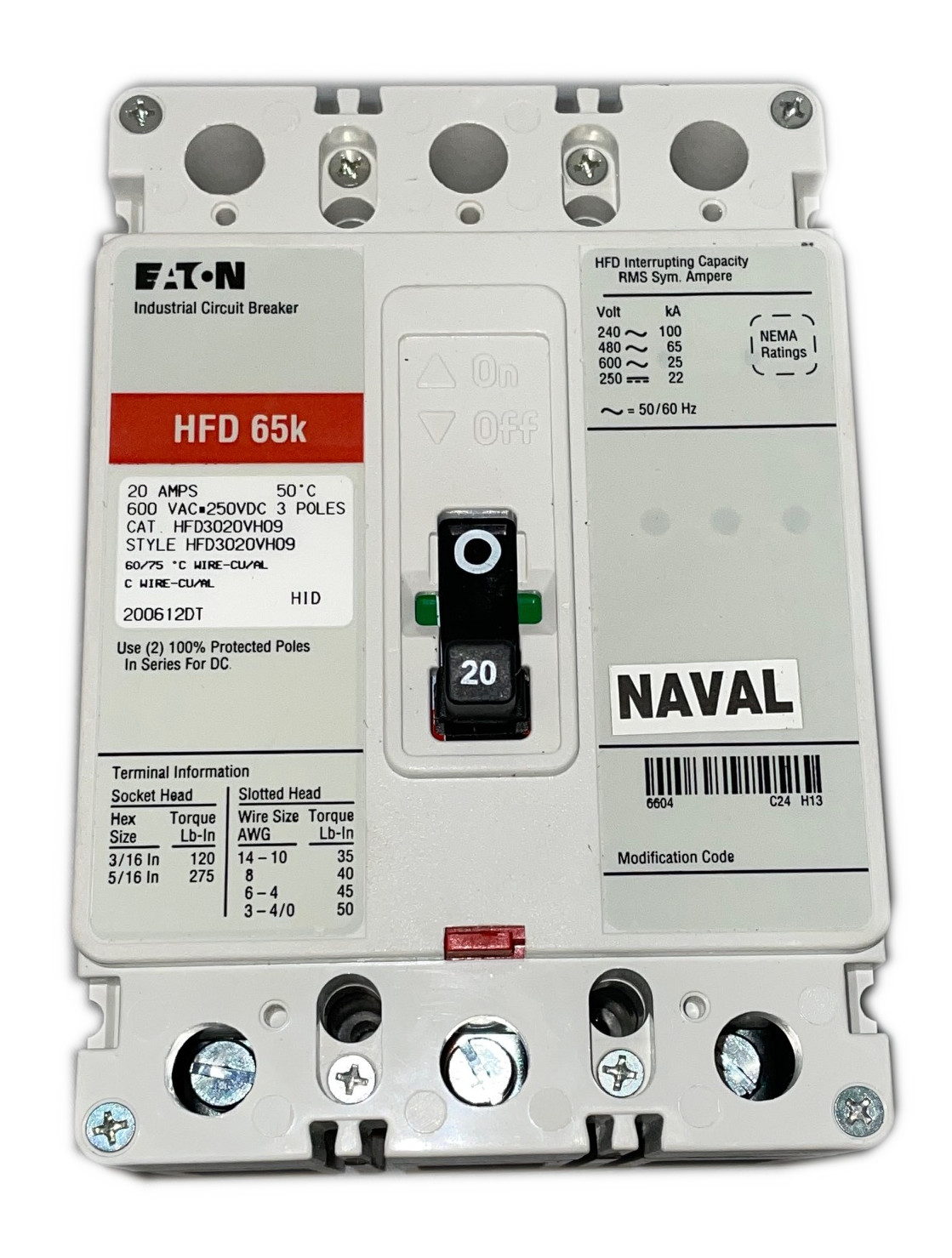Eaton HFD3020VH09 Circuit Breaker, 20 Amp, 600Vac, 3-Pole, 50°C Rated, Naval