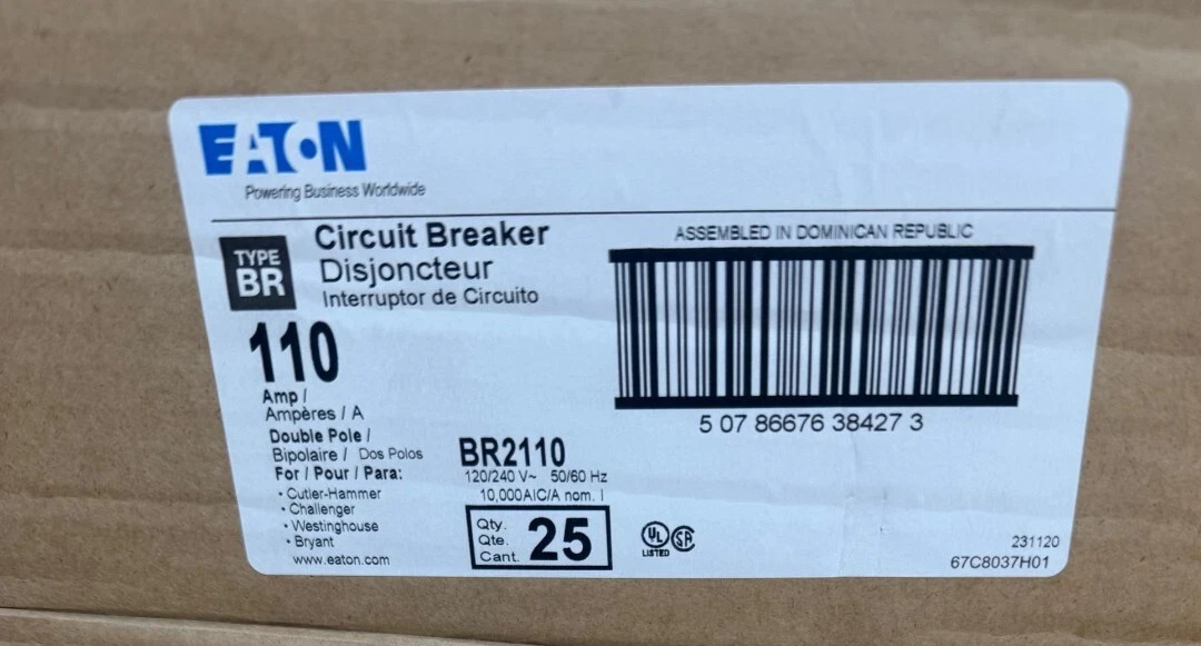 NEW Eaton BR2110 110A 2 Pole 120/240 Volt Type Br Circuit Breaker