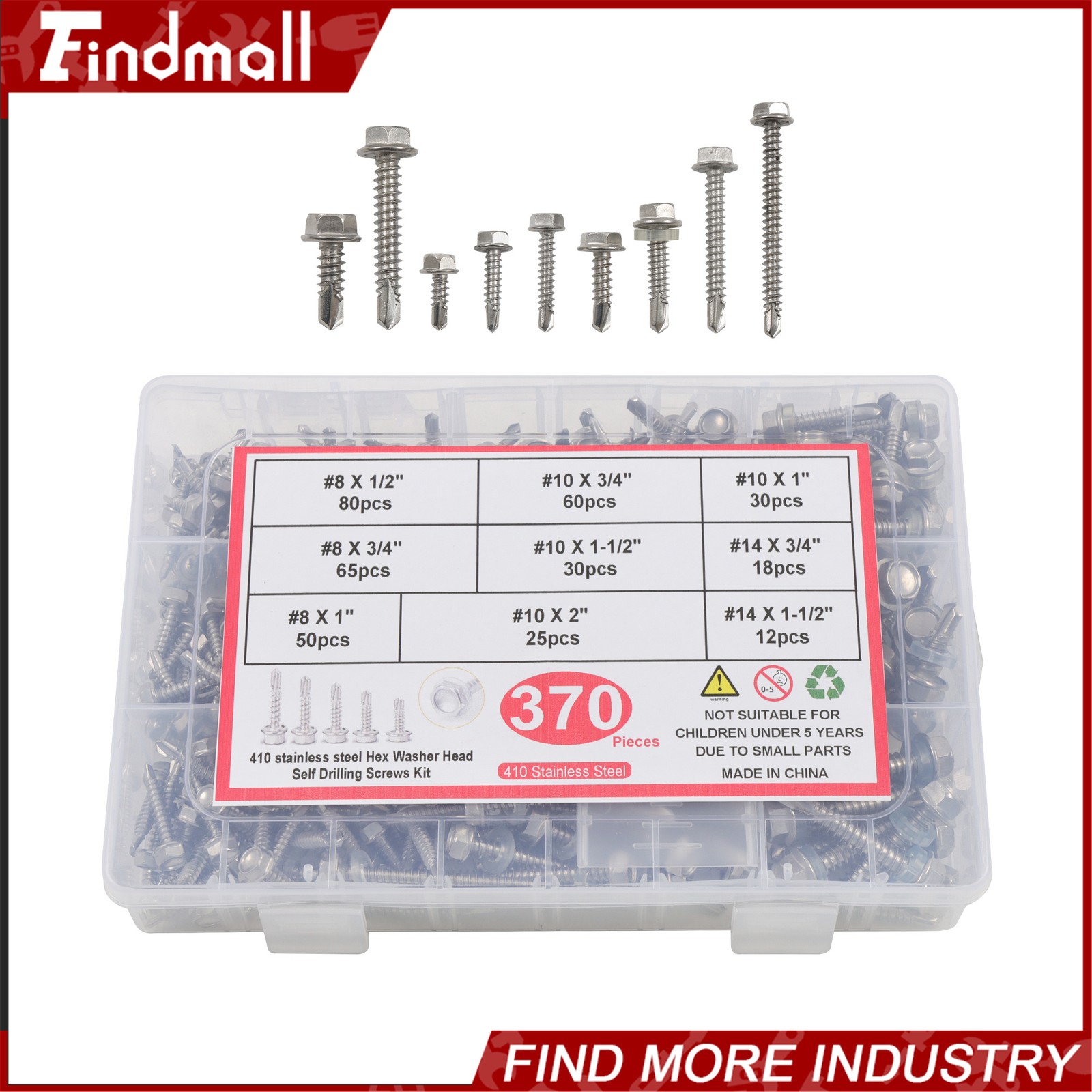 370Pcs #8#10#14 Self Drilling Screws Assortment Kit,410 Stainless Steel
