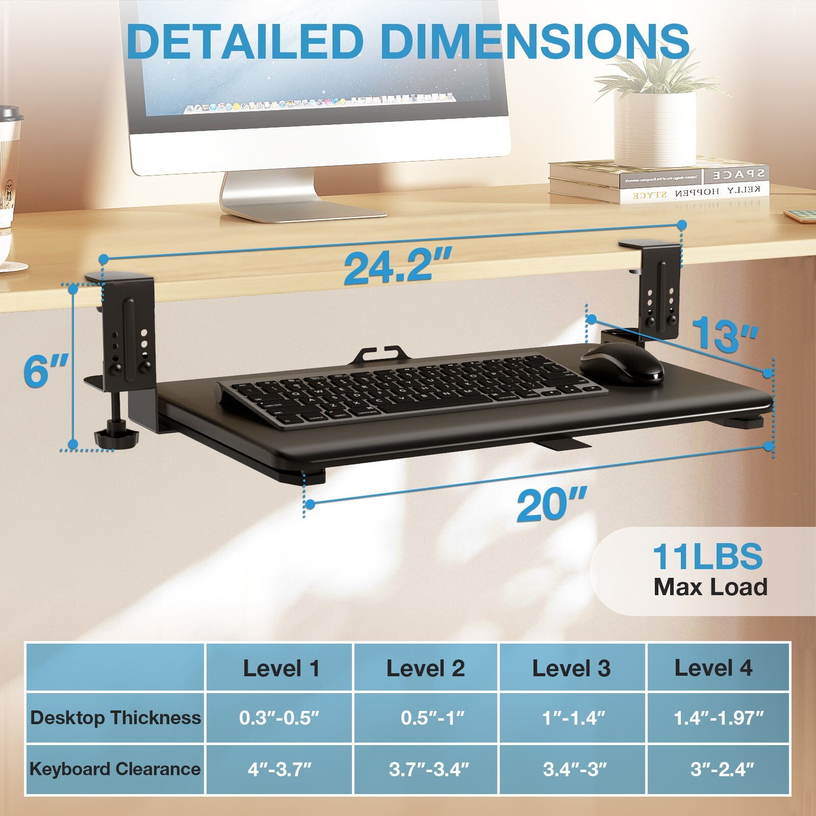 Keyboard Tray Under Desk, Pull Out Keyboard Tray with C Clamp Mount, 20″ x 13″