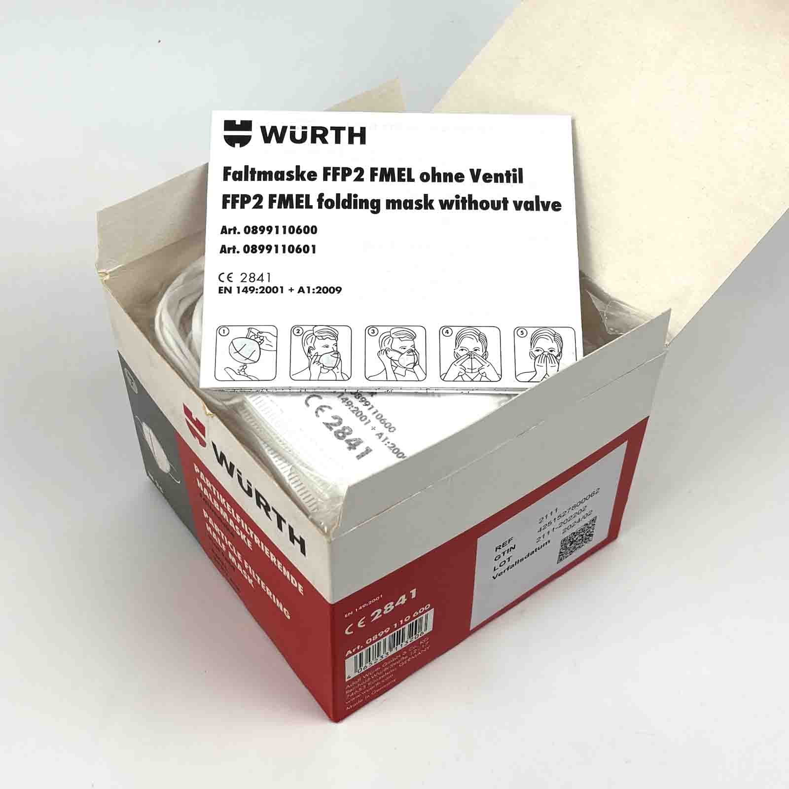 Würth FFP 2 Mask, Particulate Filtering Half Mask (Pack of 25) 0899110600, Original Box