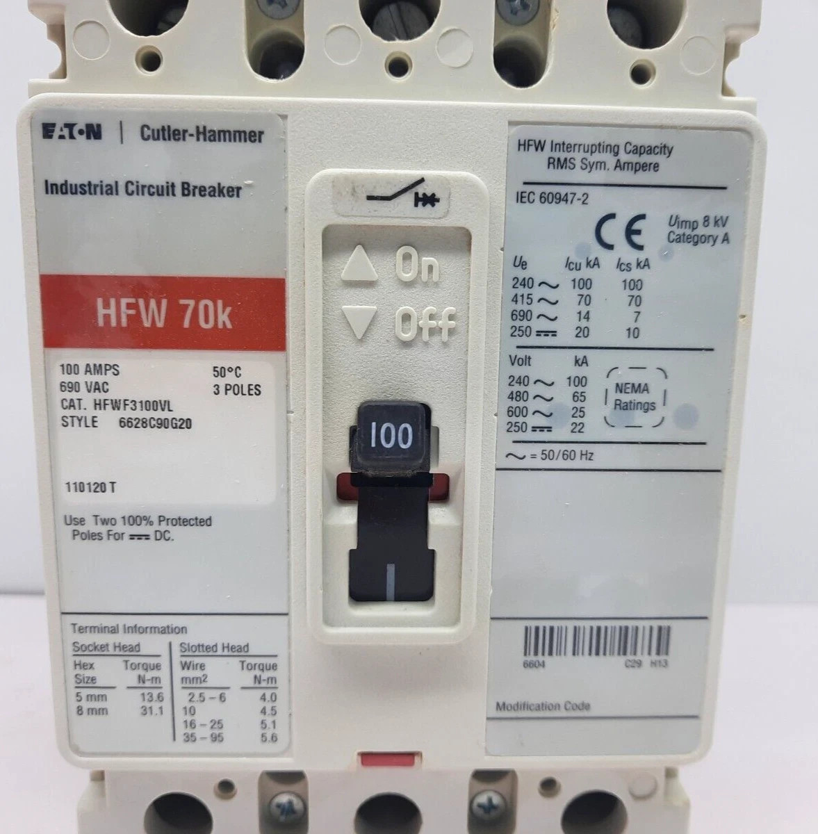 CUTLER HAMMER HFWF3100VL3 POLE 100 AMPS HFW 70K CIRCUIT BREAKER 690VAC