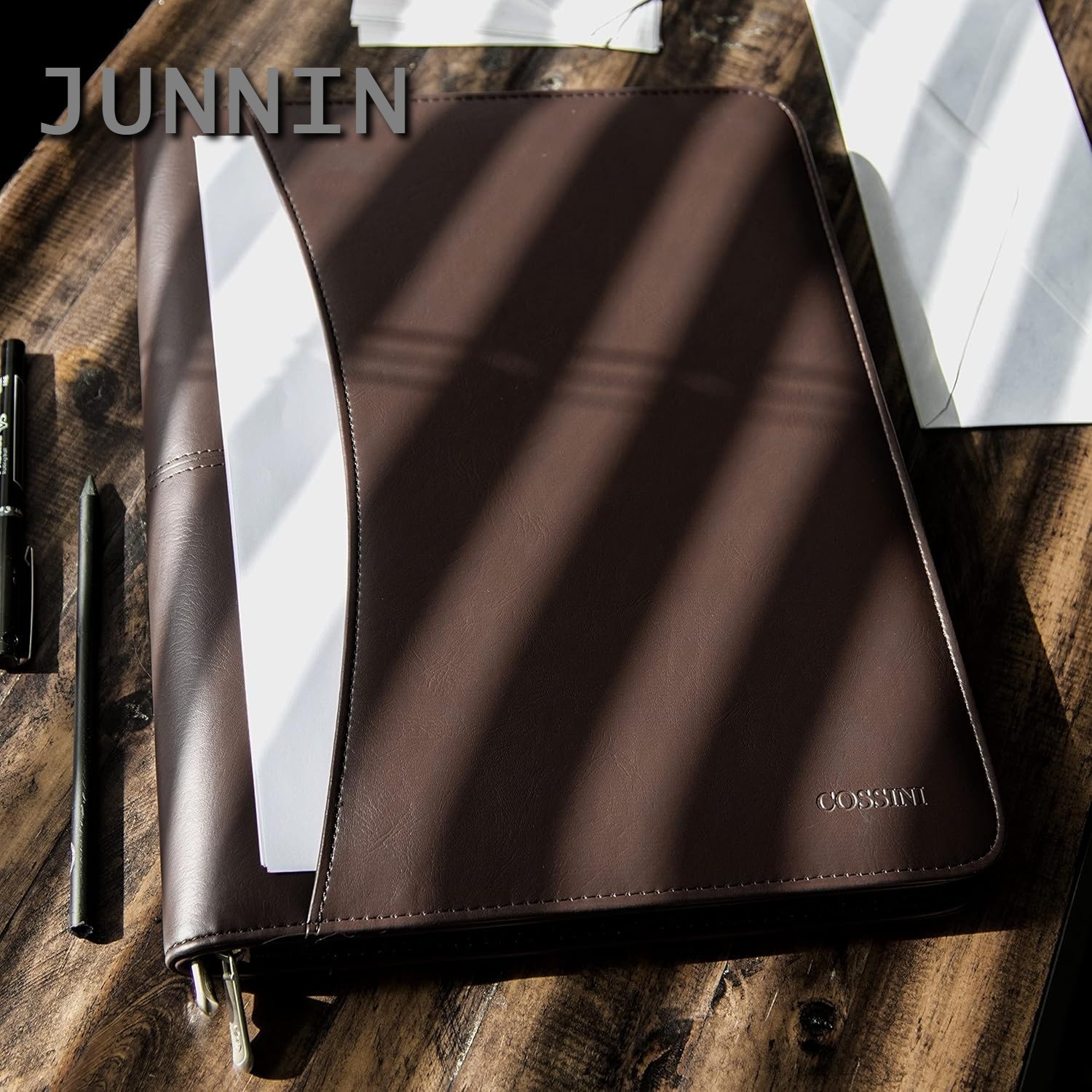 Brown PU Leather Business Portfolio Zipper Padfolio Tablet Sleeve Solar Calculat