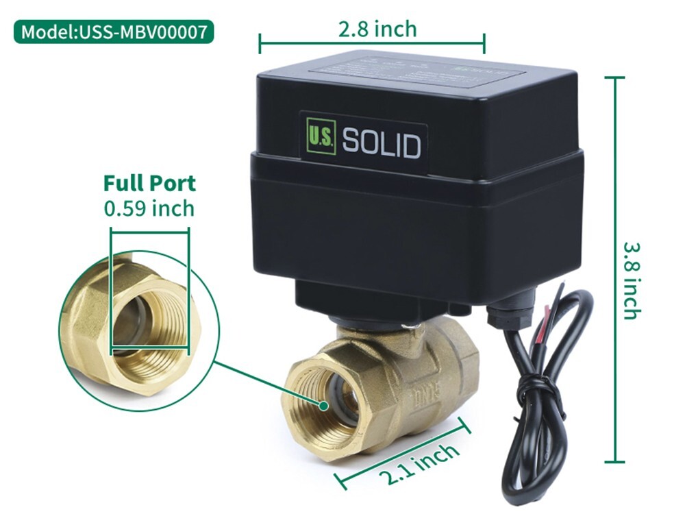 U.S. Solid Motorized Ball Valve with Indicator Lights 1/2 in Brass 9-36V N/C