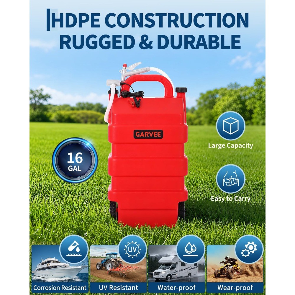 16 Gallon 60L Portable Fuel Caddy Tank w/12V/4AA Battery Powered Transfer Pump