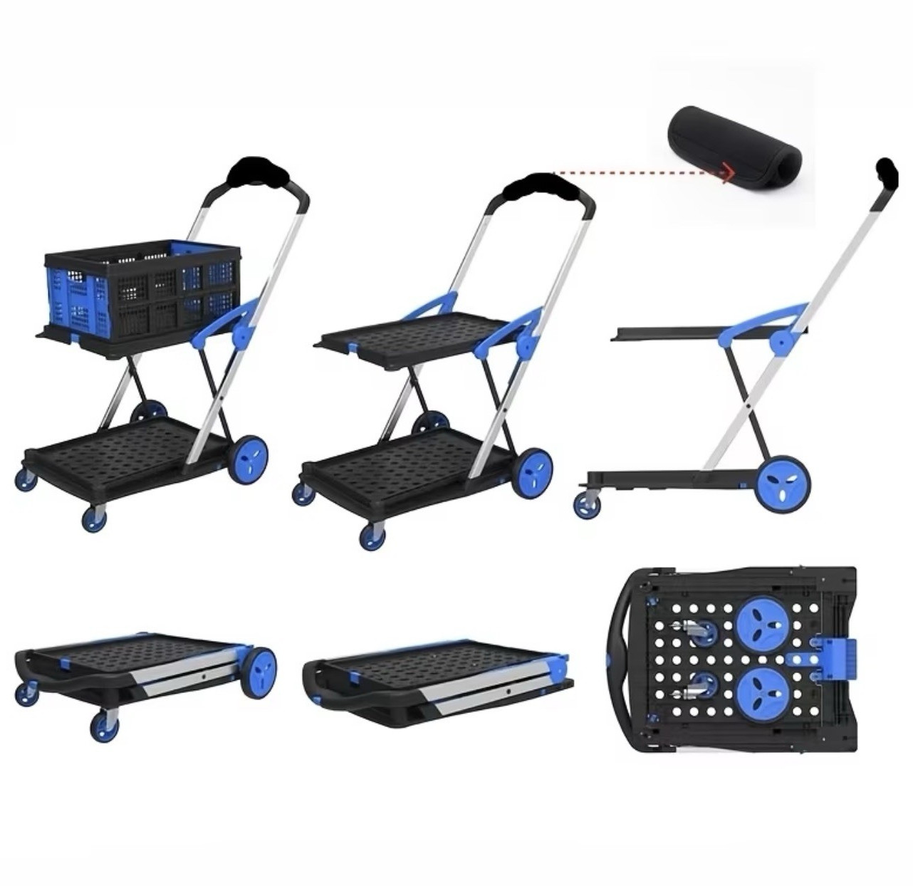 Folding Utility Cart Platform Truck w/ Removable Crate Basket, Black/Blue