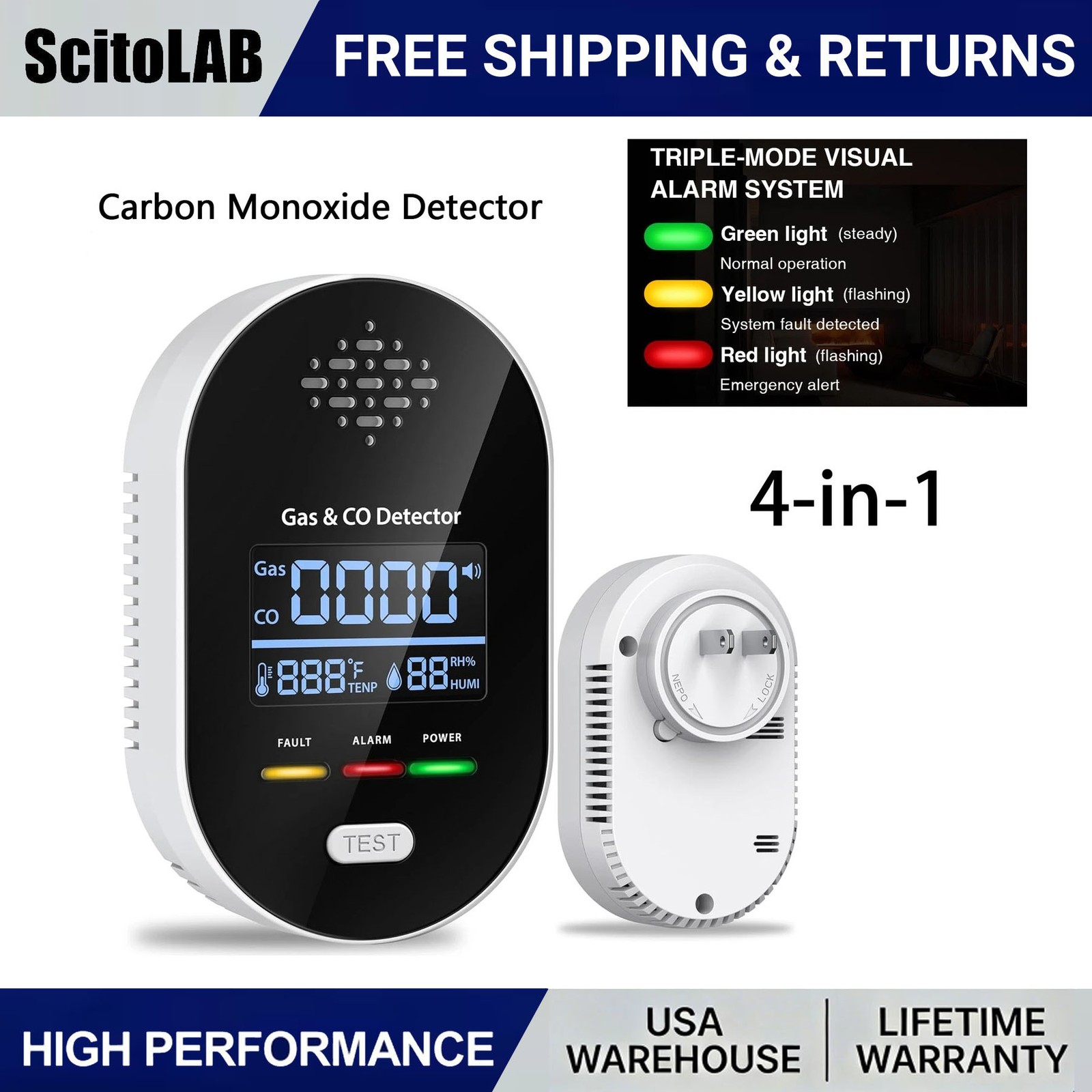 4-in-1 Carbon Monoxide Detector Warning Alarm Sensor LED Digital Gas Detector US