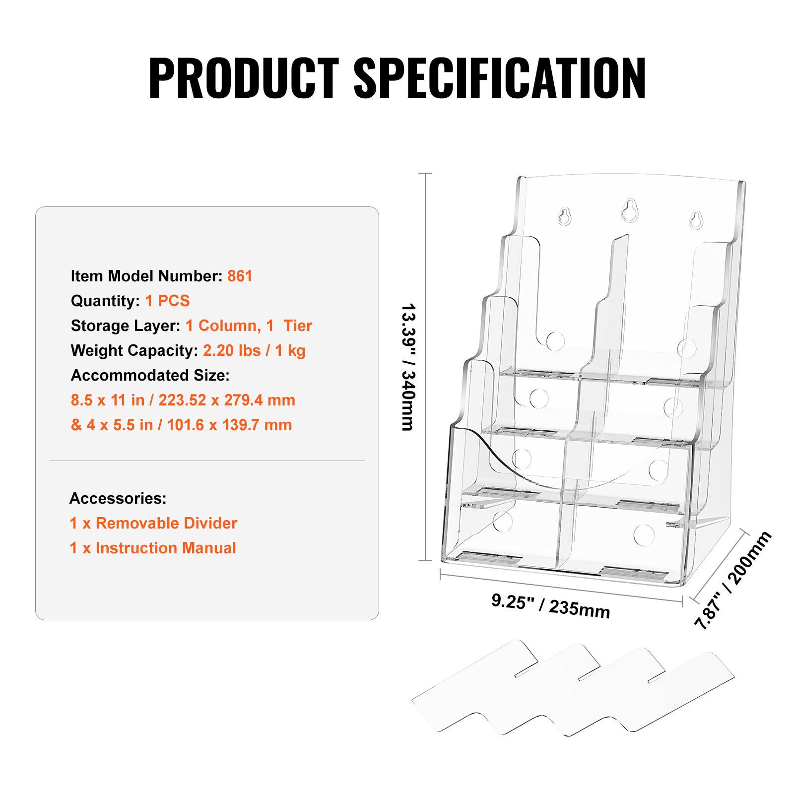 VEVOR Acrylic Brochure Holder 8.5 x 11 inch 4-Tier Literature Display Stand Rack