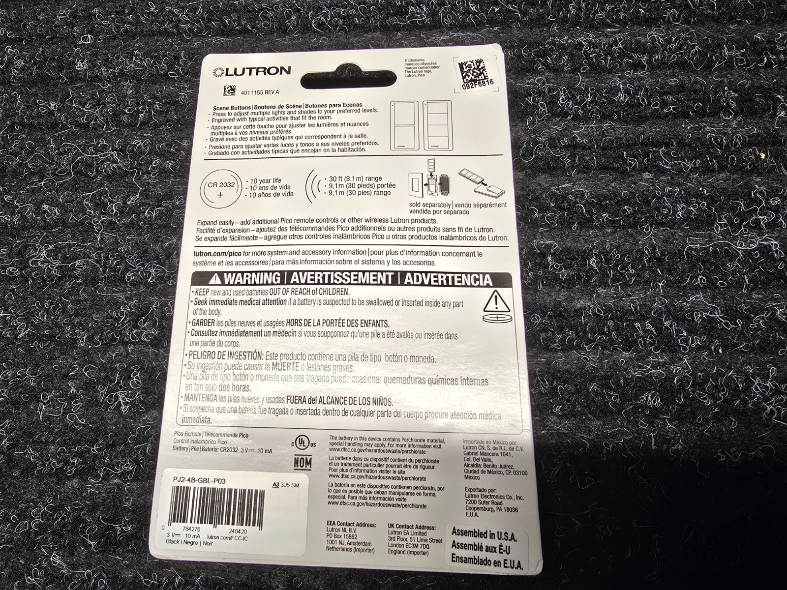 Lutron Pico Control- 4 Button Any Room Scene Control PJ2-4B-GBL-P03 GLOSS BLACK
