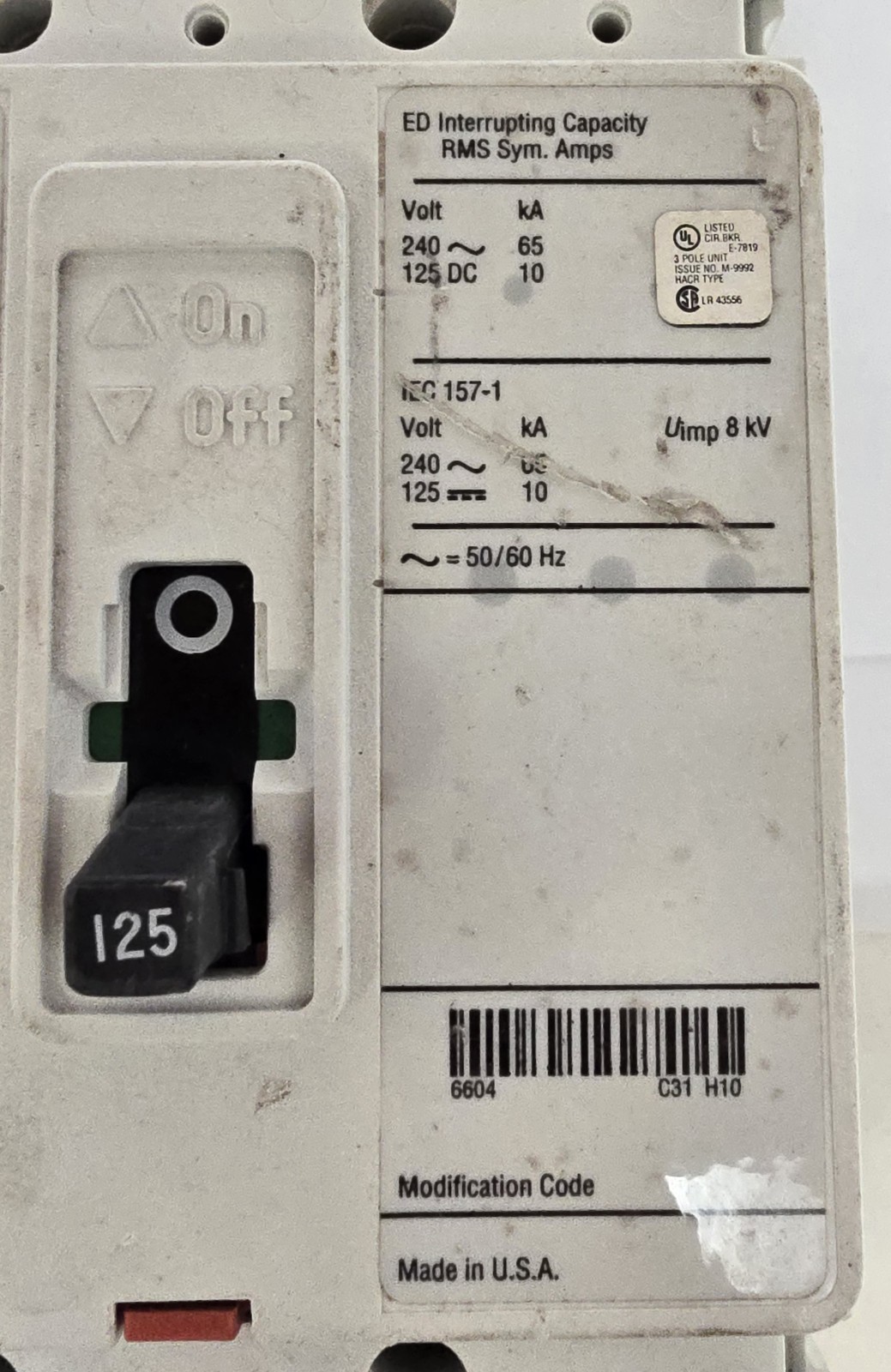 Cutler Hammer ED3125 Circuit Breaker 125A 240V 3P Style 6610C75G13