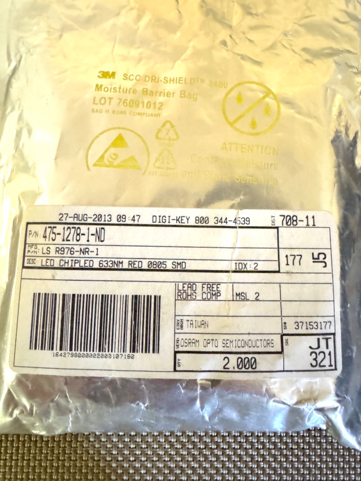 Osram LS-976 0805 Red Chip LED – Digikey 475-1278-1-ND reel and tape