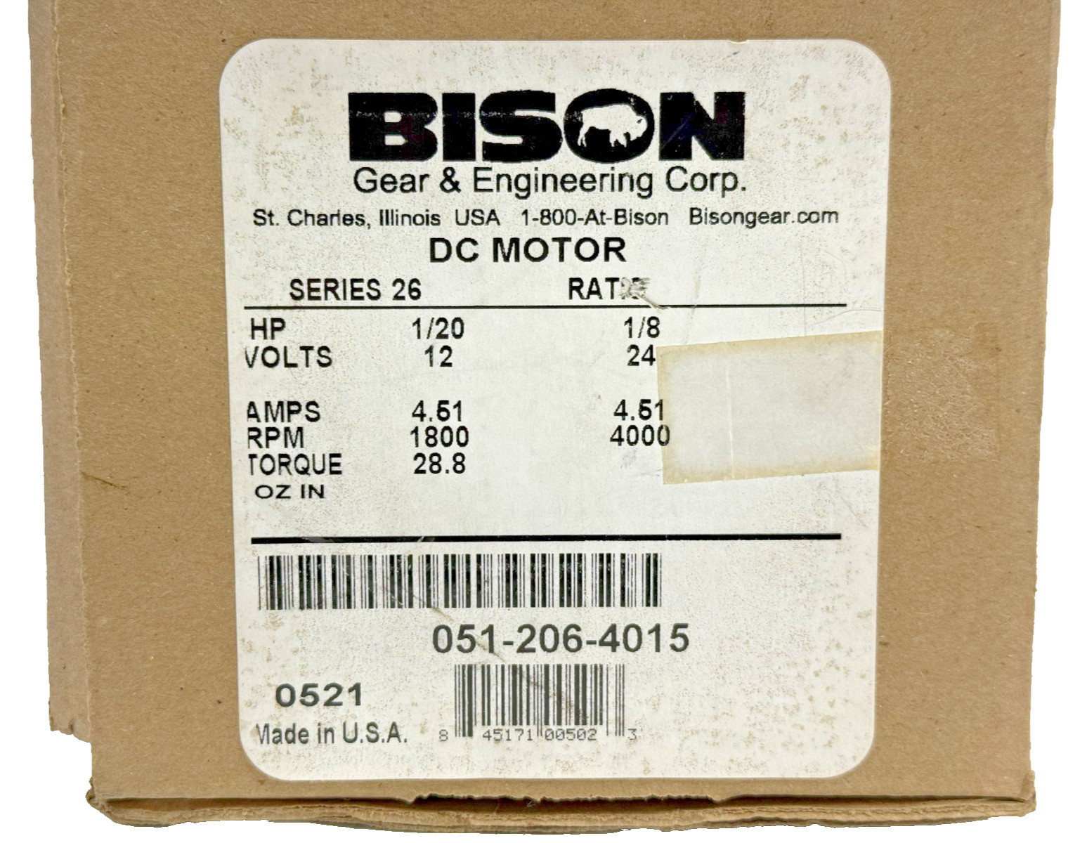 BISON Gear & Engineering Corp. 051-206-5015 DC Motor