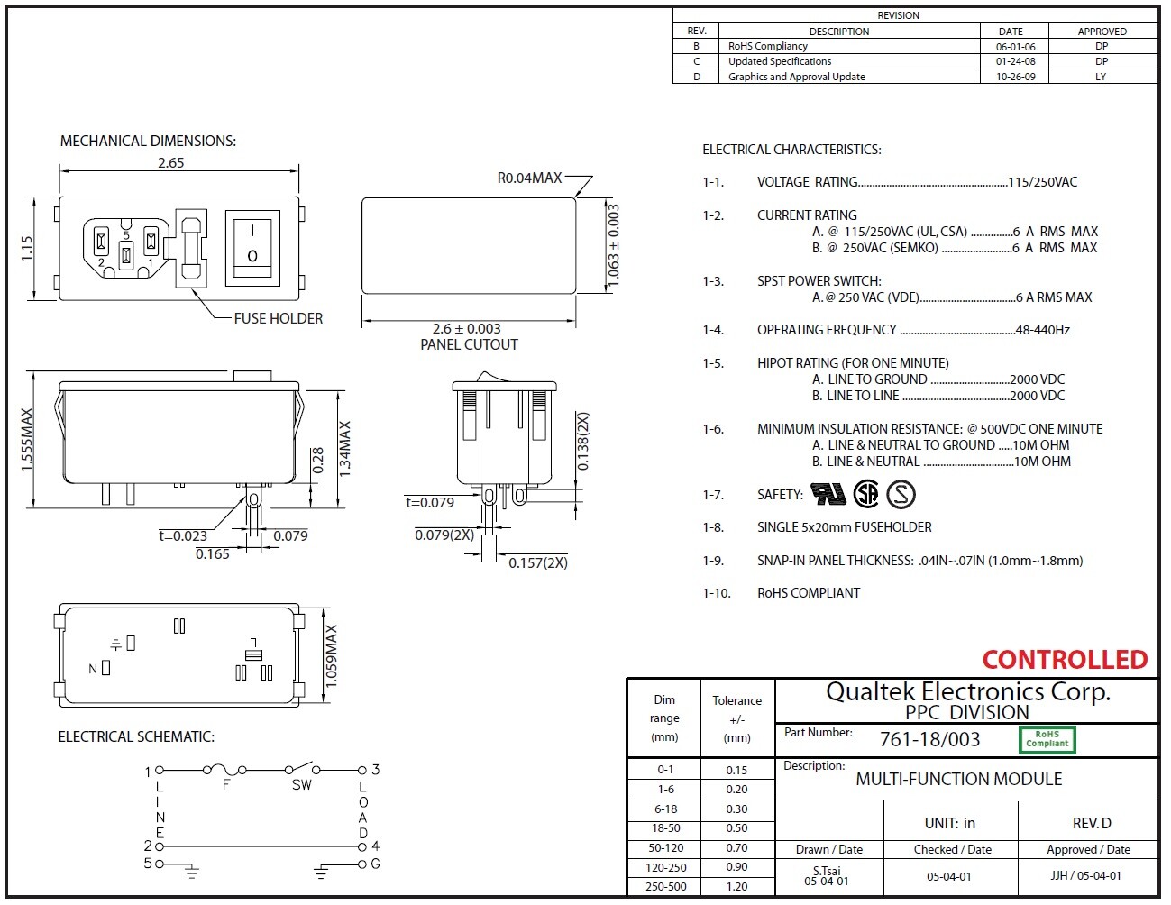 Qualtek IEC Power Jack Switch Input Module Fused Panel Mount IEC320 120v 250v 6A