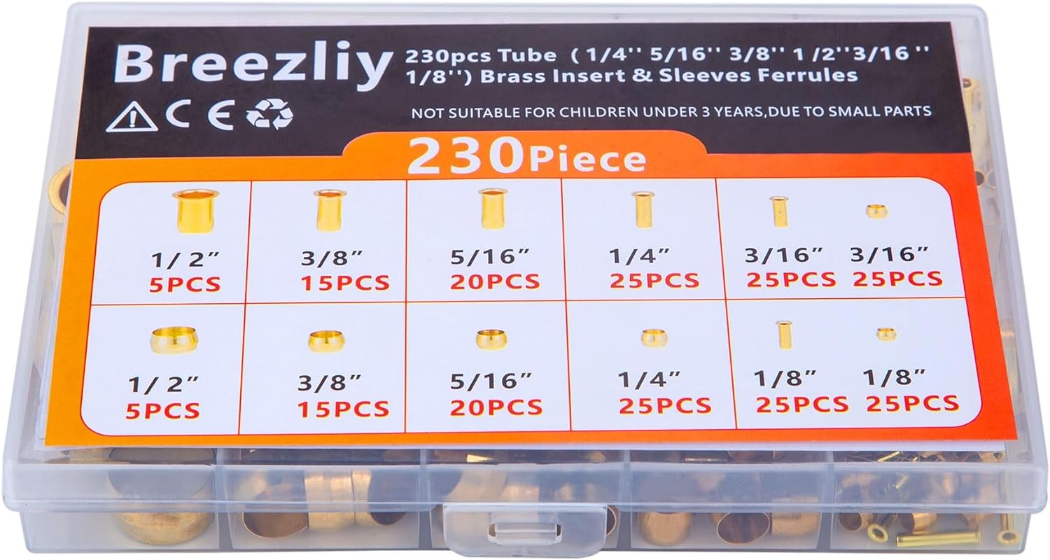Compression Fittings Assortment kit-6 230PCS Sleeves Ferrules,Insert, Brass