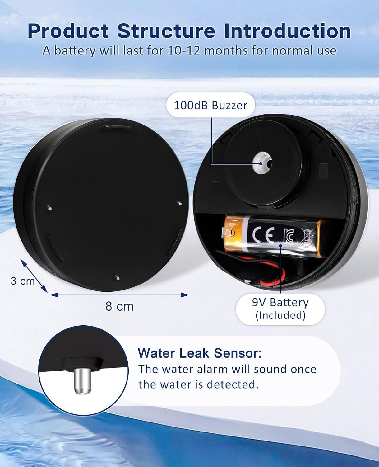 Water Leak Detector Alarm 100dB Loud Battery-Operated Home Flood Sensor