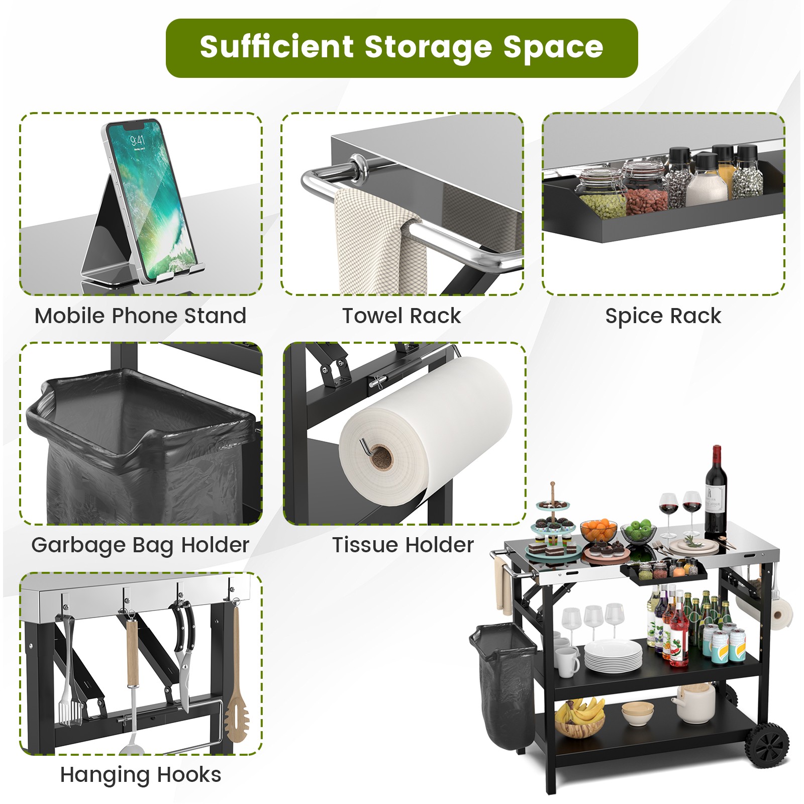 Costway 3-Shelf Movable Grill Cart Table Multifunctional Stainless Steel