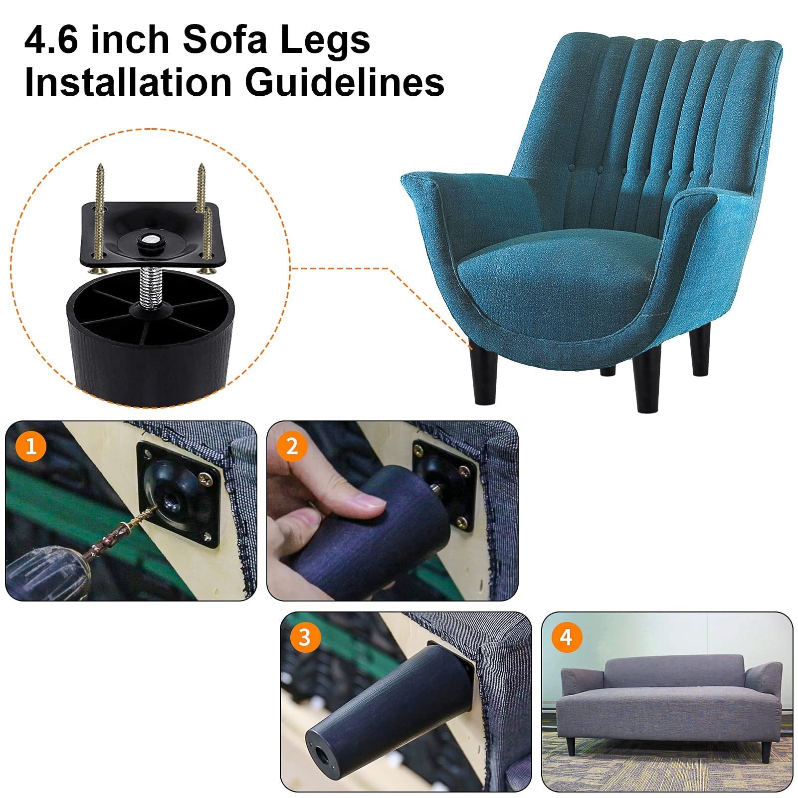 Plastic 4.6 inch Sofa Legs, 4 Pack Tapered Sofa/Couch/Chair Legs with M8 Thre…