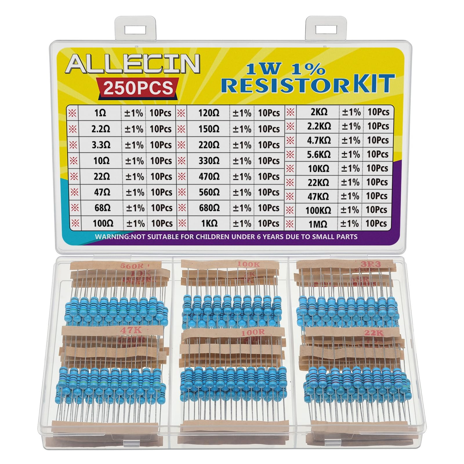 ALLECIN 25 Values 1W Metal Film Resistor Kit from 1 Ohm to 1M Ohm 1 Watt 1% R…