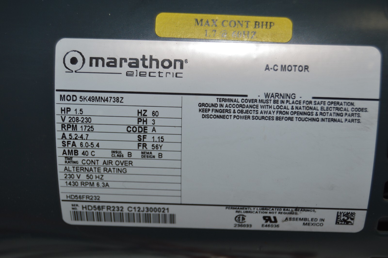 Marathon Electric HD56FR232 5K49MN4738Z 56Y 208-230V 3PH 1.5HP Motor 1725 RPM