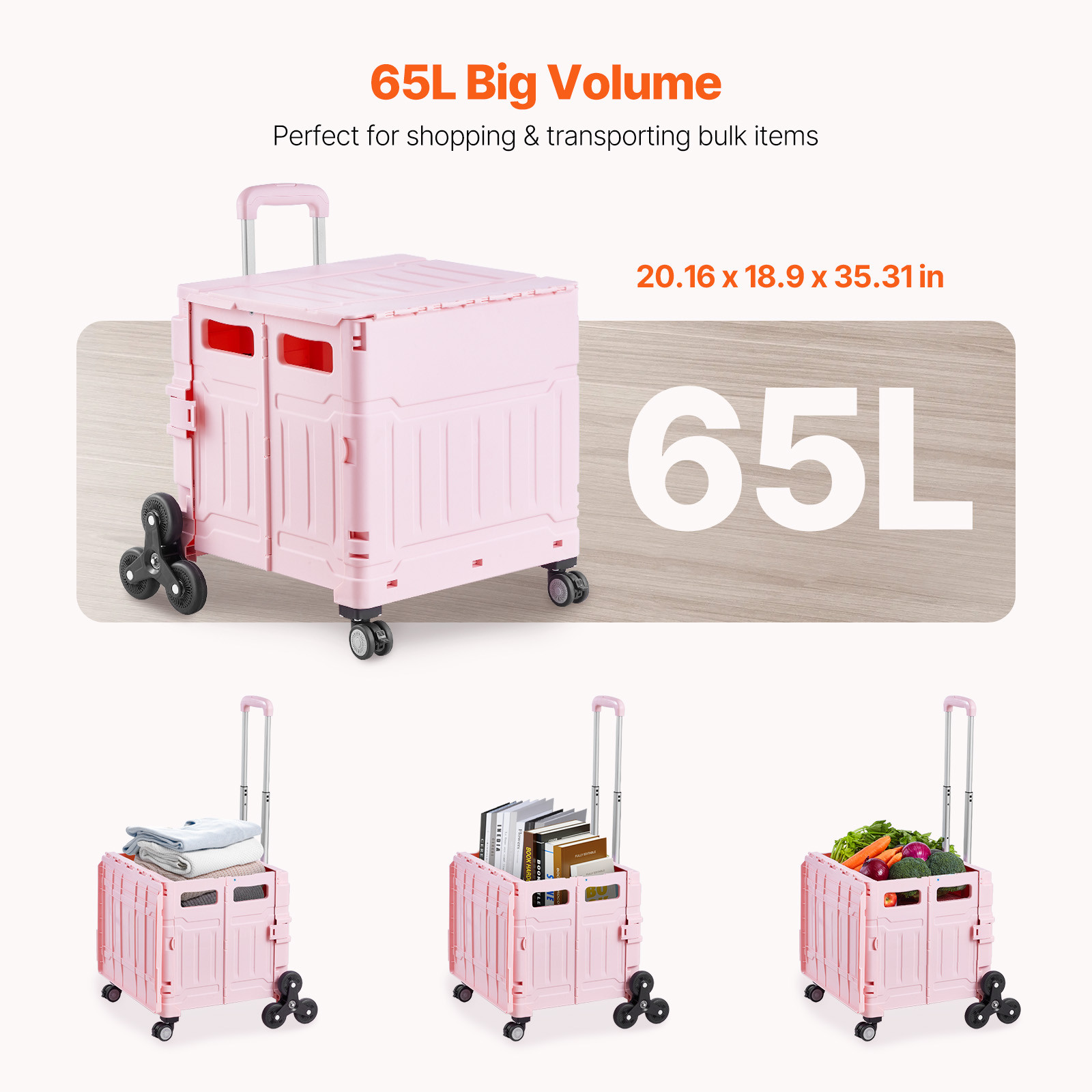 Foldable Cart with Stair Climbing Wheels Collapsible Rolling Crate 65L