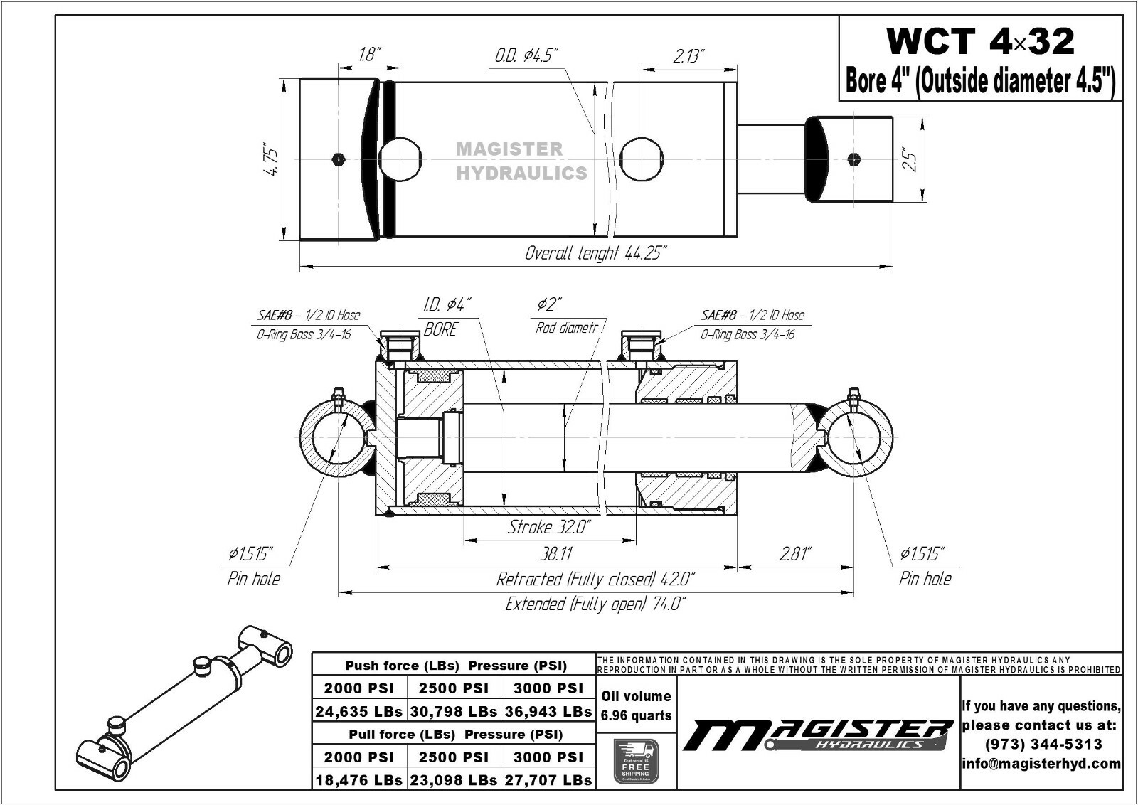Hydraulic Cylinder Welded Double Acting 4″ Bore 32″ Stroke Cross Tube 4×32 NEW
