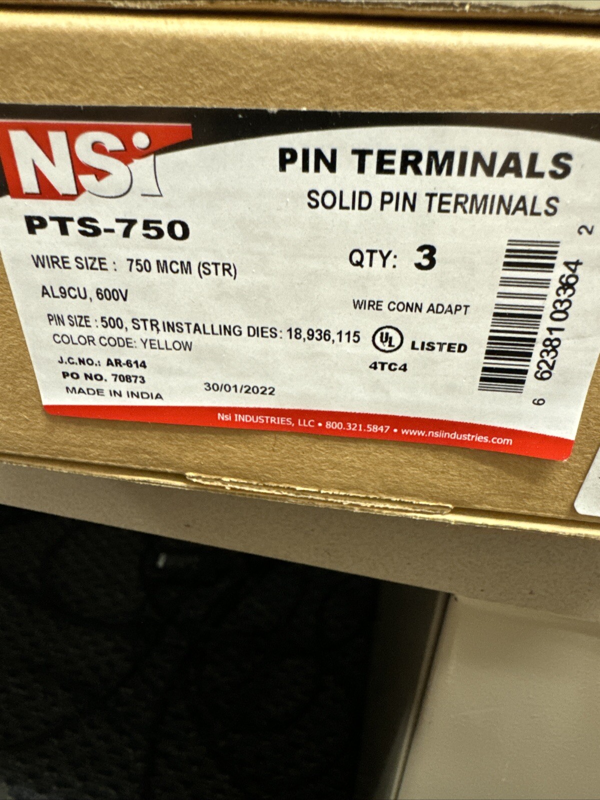 NSI PTS-750 Yellow Die 750 MCM AL9CU Solid Pin Terminal -Box Of 3