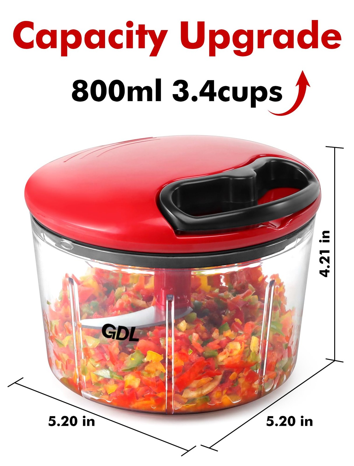 GDL Food Chopper, Pull Onion Chopper Dicer, Hand Powered 3.4 cup, Red